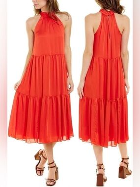 Trina Turk Immeasurable Halterneck Midi Dress, Size Medium | Color is Lava